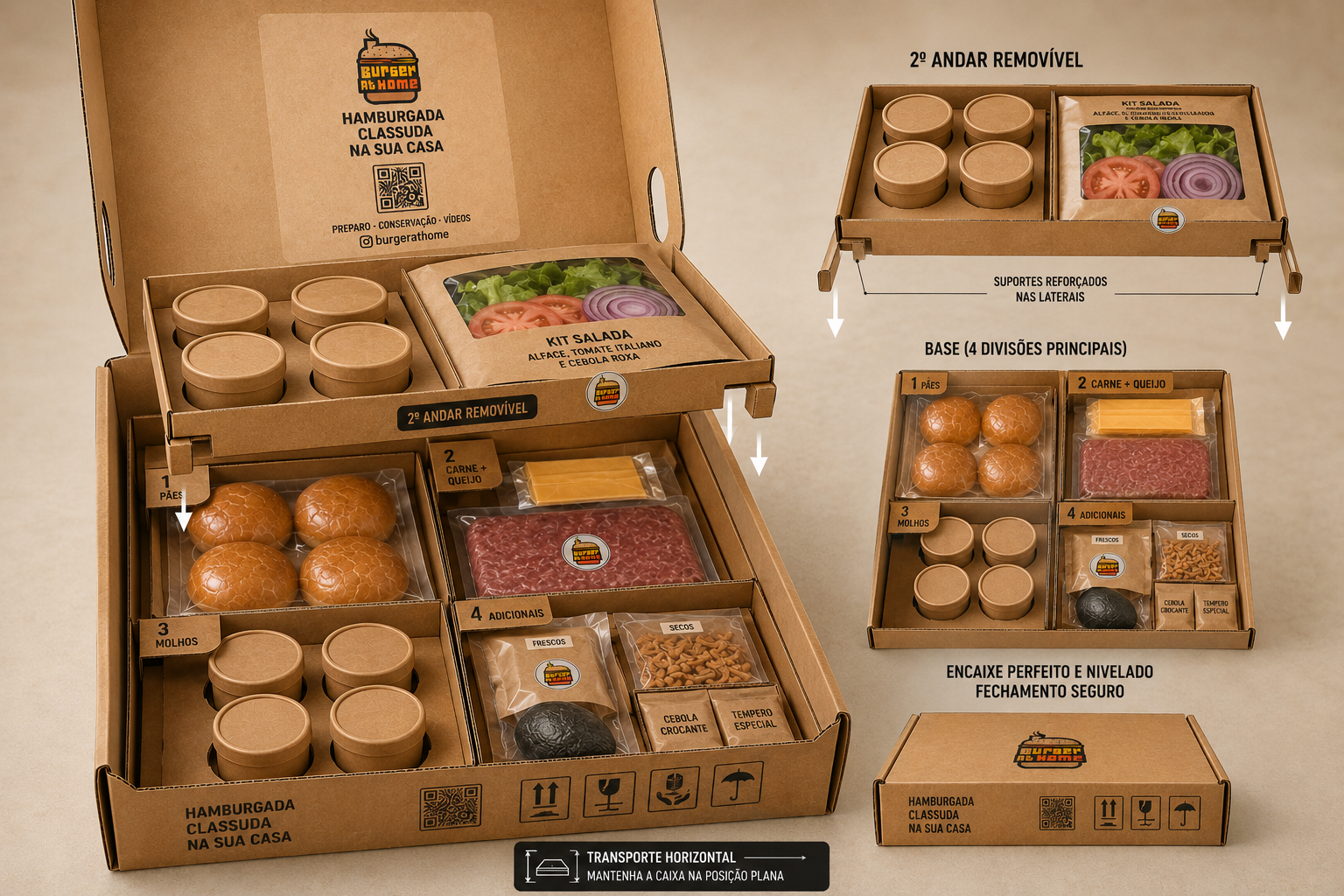 Conceito de caixa Burger at Home em dois níveis